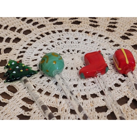 Christmas Swizzle Sticks Hand Blown Glass Stir Tree Ornament Stocking Package - Picture 1 of 5